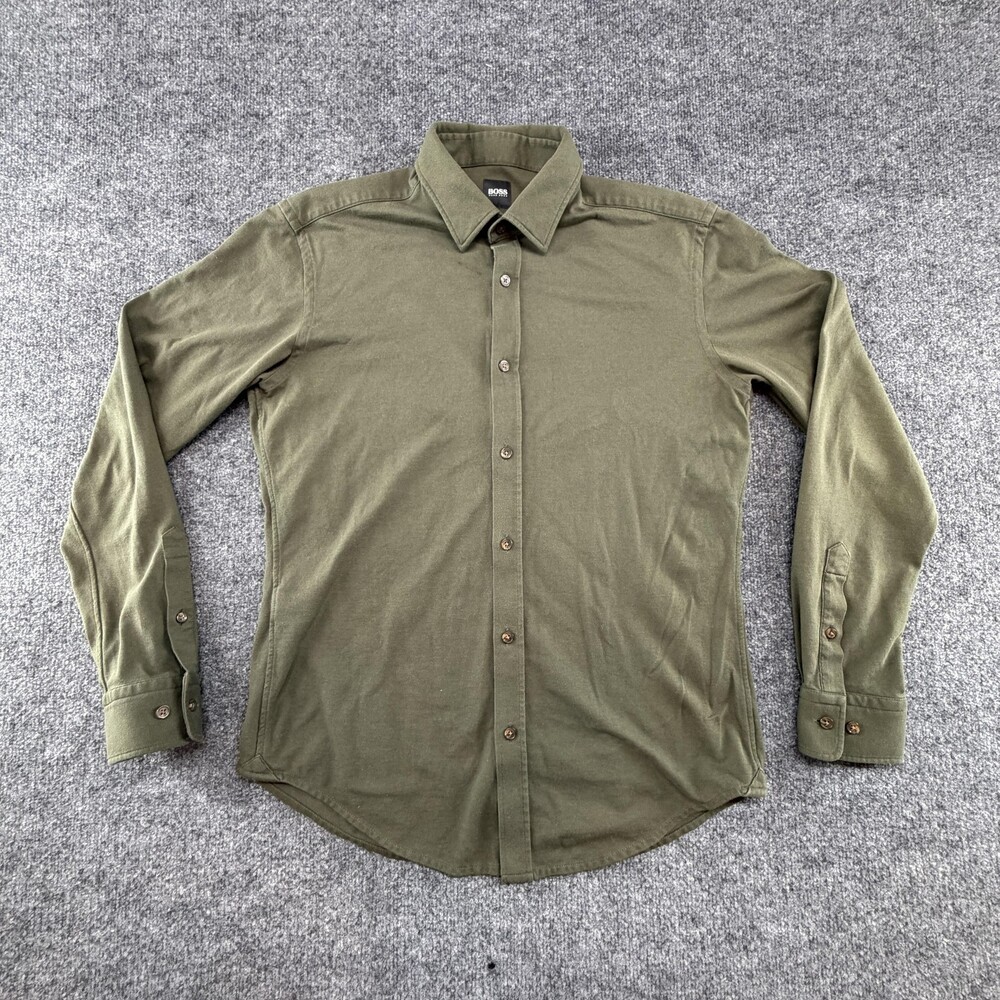 Hugo Boss Shirt Mens Medium Green Long Sleeve Button Up Slim Fit Knit Casual